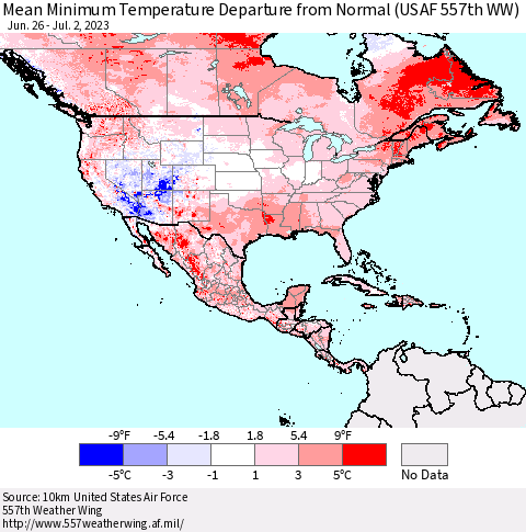North America Mean Minimum Temperature Departure from Normal (USAF 557th WW) Thematic Map For 6/26/2023 - 7/2/2023