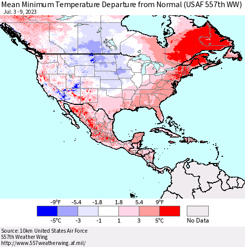 North America Mean Minimum Temperature Departure from Normal (USAF 557th WW) Thematic Map For 7/3/2023 - 7/9/2023