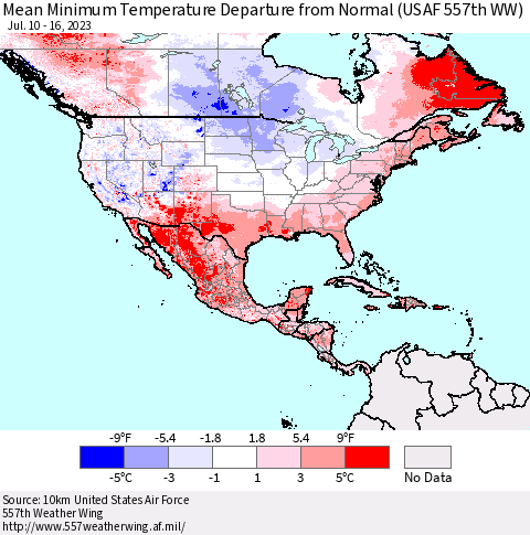 North America Mean Minimum Temperature Departure from Normal (USAF 557th WW) Thematic Map For 7/10/2023 - 7/16/2023