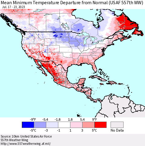 North America Mean Minimum Temperature Departure from Normal (USAF 557th WW) Thematic Map For 7/17/2023 - 7/23/2023