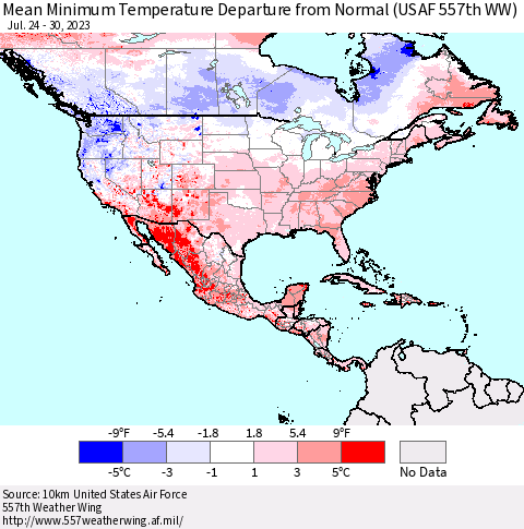North America Mean Minimum Temperature Departure from Normal (USAF 557th WW) Thematic Map For 7/24/2023 - 7/30/2023