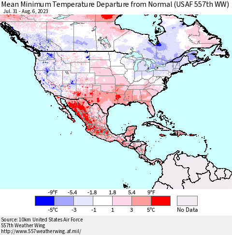 North America Mean Minimum Temperature Departure from Normal (USAF 557th WW) Thematic Map For 7/31/2023 - 8/6/2023