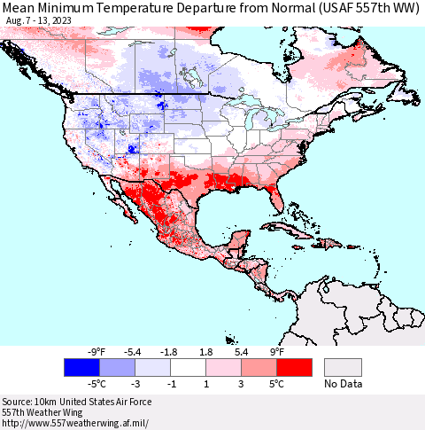 North America Mean Minimum Temperature Departure from Normal (USAF 557th WW) Thematic Map For 8/7/2023 - 8/13/2023
