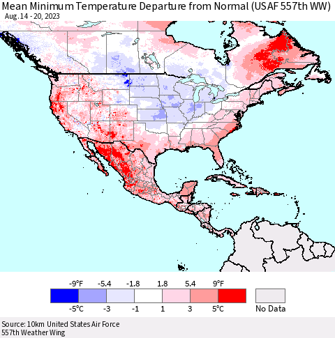 North America Mean Minimum Temperature Departure from Normal (USAF 557th WW) Thematic Map For 8/14/2023 - 8/20/2023
