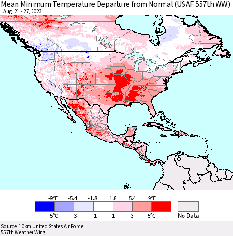North America Mean Minimum Temperature Departure from Normal (USAF 557th WW) Thematic Map For 8/21/2023 - 8/27/2023