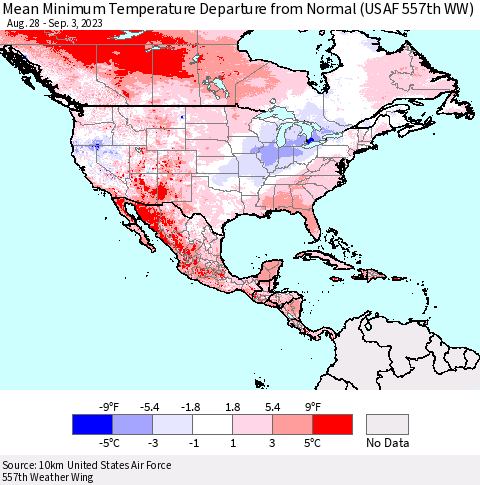 North America Mean Minimum Temperature Departure from Normal (USAF 557th WW) Thematic Map For 8/28/2023 - 9/3/2023