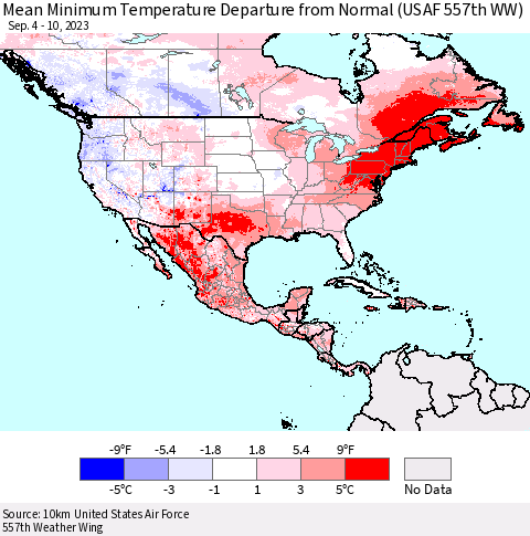 North America Mean Minimum Temperature Departure from Normal (USAF 557th WW) Thematic Map For 9/4/2023 - 9/10/2023
