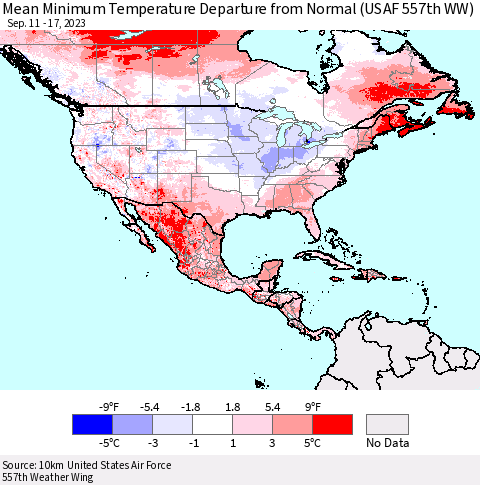 North America Mean Minimum Temperature Departure from Normal (USAF 557th WW) Thematic Map For 9/11/2023 - 9/17/2023