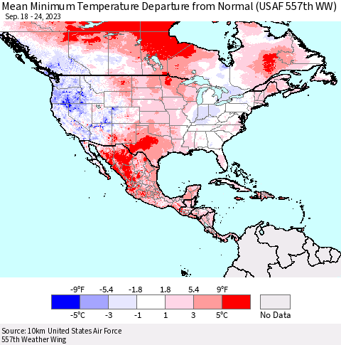 North America Mean Minimum Temperature Departure from Normal (USAF 557th WW) Thematic Map For 9/18/2023 - 9/24/2023