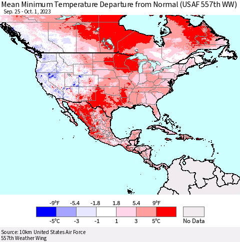 North America Mean Minimum Temperature Departure from Normal (USAF 557th WW) Thematic Map For 9/25/2023 - 10/1/2023