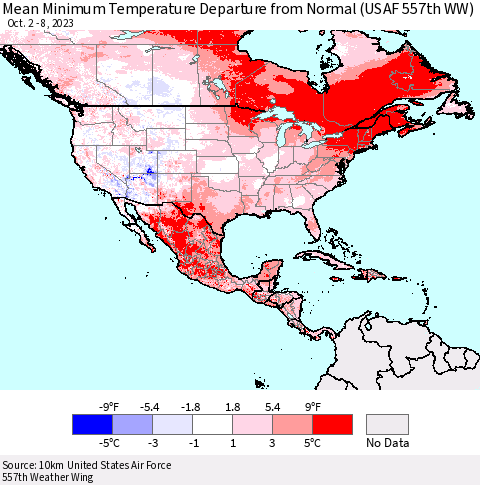 North America Mean Minimum Temperature Departure from Normal (USAF 557th WW) Thematic Map For 10/2/2023 - 10/8/2023