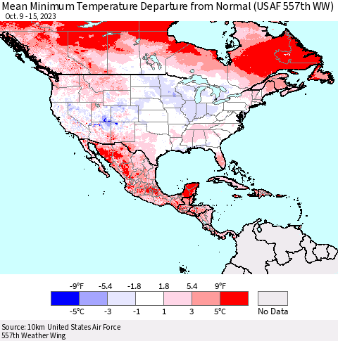 North America Mean Minimum Temperature Departure from Normal (USAF 557th WW) Thematic Map For 10/9/2023 - 10/15/2023