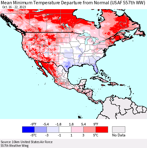 North America Mean Minimum Temperature Departure from Normal (USAF 557th WW) Thematic Map For 10/16/2023 - 10/22/2023