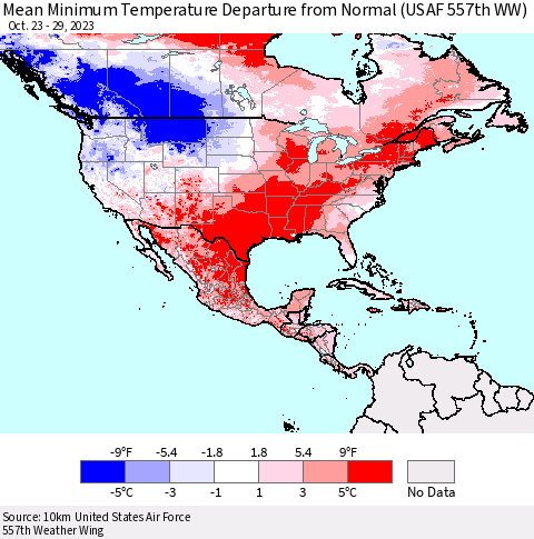 North America Mean Minimum Temperature Departure from Normal (USAF 557th WW) Thematic Map For 10/23/2023 - 10/29/2023