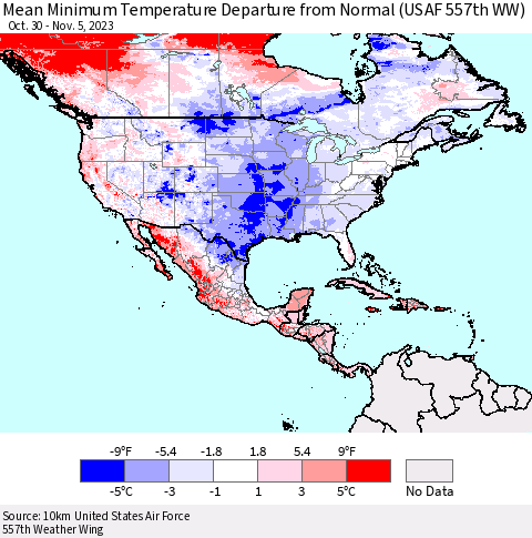 North America Mean Minimum Temperature Departure from Normal (USAF 557th WW) Thematic Map For 10/30/2023 - 11/5/2023