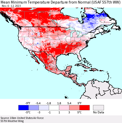 North America Mean Minimum Temperature Departure from Normal (USAF 557th WW) Thematic Map For 11/6/2023 - 11/12/2023