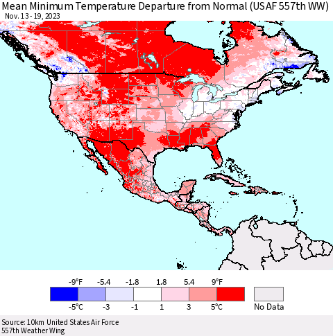 North America Mean Minimum Temperature Departure from Normal (USAF 557th WW) Thematic Map For 11/13/2023 - 11/19/2023