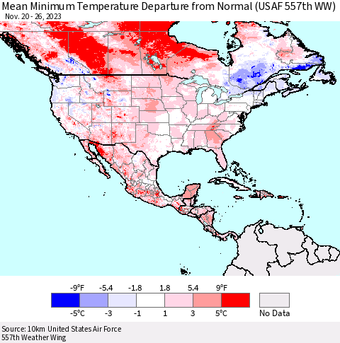 North America Mean Minimum Temperature Departure from Normal (USAF 557th WW) Thematic Map For 11/20/2023 - 11/26/2023
