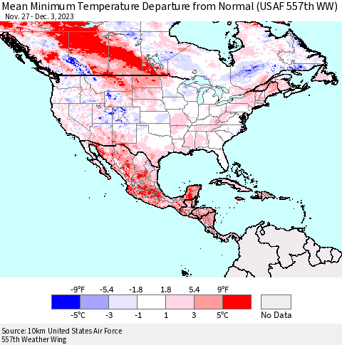 North America Mean Minimum Temperature Departure from Normal (USAF 557th WW) Thematic Map For 11/27/2023 - 12/3/2023