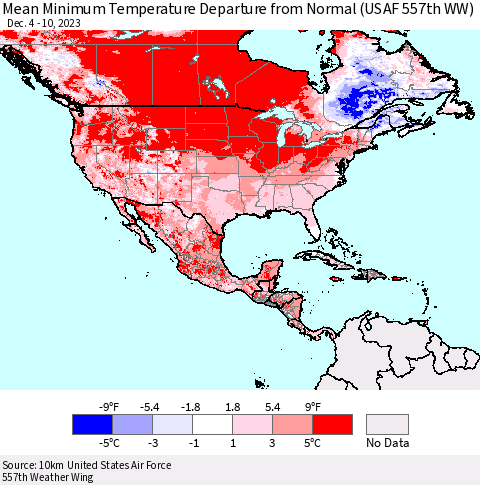 North America Mean Minimum Temperature Departure from Normal (USAF 557th WW) Thematic Map For 12/4/2023 - 12/10/2023