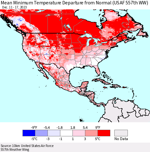 North America Mean Minimum Temperature Departure from Normal (USAF 557th WW) Thematic Map For 12/11/2023 - 12/17/2023