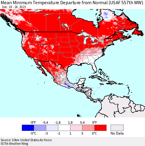 North America Mean Minimum Temperature Departure from Normal (USAF 557th WW) Thematic Map For 12/18/2023 - 12/24/2023