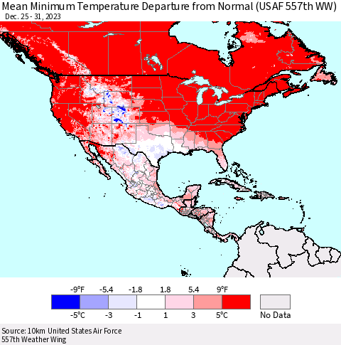 North America Mean Minimum Temperature Departure from Normal (USAF 557th WW) Thematic Map For 12/25/2023 - 12/31/2023