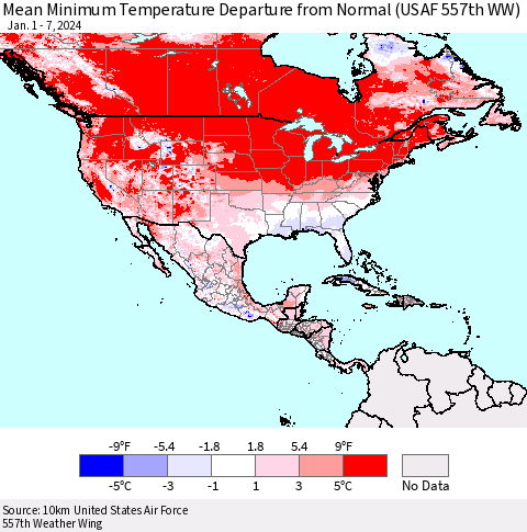 North America Mean Minimum Temperature Departure from Normal (USAF 557th WW) Thematic Map For 1/1/2024 - 1/7/2024