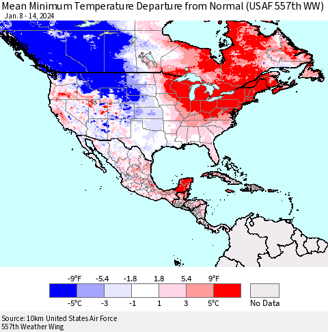 North America Mean Minimum Temperature Departure from Normal (USAF 557th WW) Thematic Map For 1/8/2024 - 1/14/2024