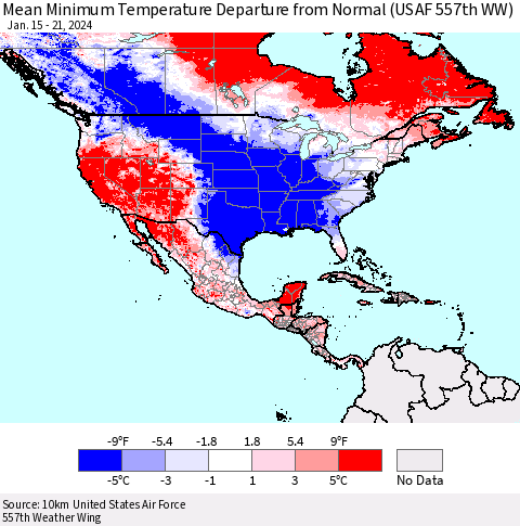 North America Mean Minimum Temperature Departure from Normal (USAF 557th WW) Thematic Map For 1/15/2024 - 1/21/2024