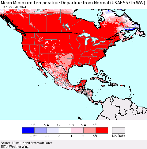 North America Mean Minimum Temperature Departure from Normal (USAF 557th WW) Thematic Map For 1/22/2024 - 1/28/2024