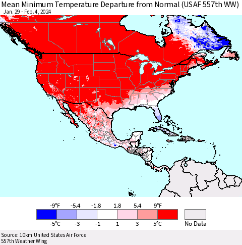 North America Mean Minimum Temperature Departure from Normal (USAF 557th WW) Thematic Map For 1/29/2024 - 2/4/2024