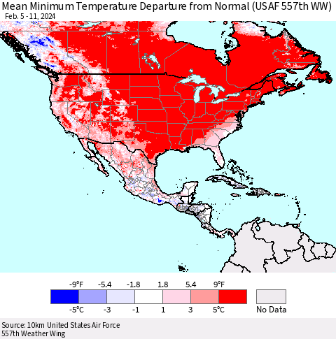 North America Mean Minimum Temperature Departure from Normal (USAF 557th WW) Thematic Map For 2/5/2024 - 2/11/2024