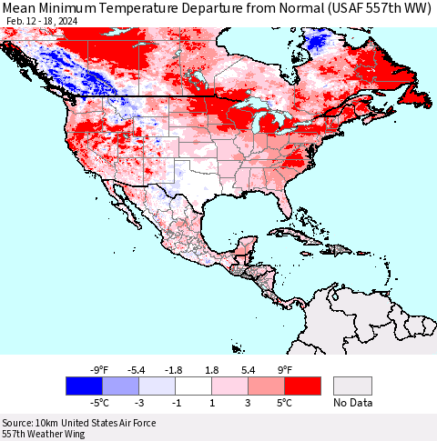 North America Mean Minimum Temperature Departure from Normal (USAF 557th WW) Thematic Map For 2/12/2024 - 2/18/2024