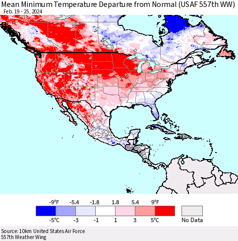 North America Mean Minimum Temperature Departure from Normal (USAF 557th WW) Thematic Map For 2/19/2024 - 2/25/2024