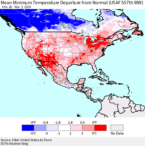 North America Mean Minimum Temperature Departure from Normal (USAF 557th WW) Thematic Map For 2/26/2024 - 3/3/2024