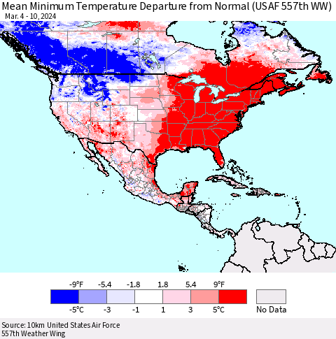 North America Mean Minimum Temperature Departure from Normal (USAF 557th WW) Thematic Map For 3/4/2024 - 3/10/2024