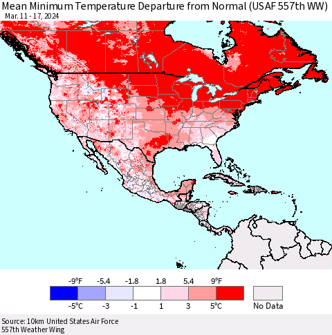 North America Mean Minimum Temperature Departure from Normal (USAF 557th WW) Thematic Map For 3/11/2024 - 3/17/2024