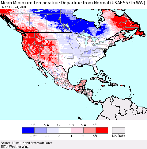 North America Mean Minimum Temperature Departure from Normal (USAF 557th WW) Thematic Map For 3/18/2024 - 3/24/2024