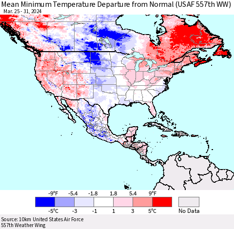 North America Mean Minimum Temperature Departure from Normal (USAF 557th WW) Thematic Map For 3/25/2024 - 3/31/2024