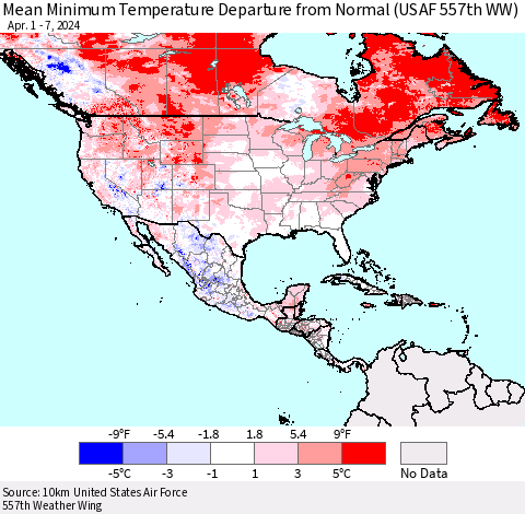 North America Mean Minimum Temperature Departure from Normal (USAF 557th WW) Thematic Map For 4/1/2024 - 4/7/2024