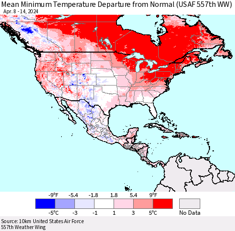 North America Mean Minimum Temperature Departure from Normal (USAF 557th WW) Thematic Map For 4/8/2024 - 4/14/2024