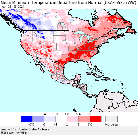 North America Mean Minimum Temperature Departure from Normal (USAF 557th WW) Thematic Map For 4/15/2024 - 4/21/2024