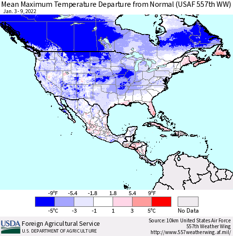 North America Mean Maximum Temperature Departure from Normal (USAF 557th WW) Thematic Map For 1/3/2022 - 1/9/2022