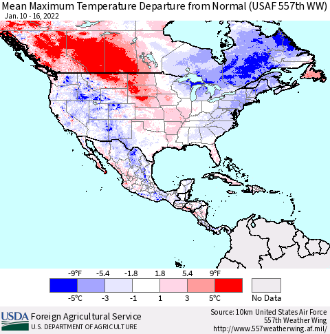 North America Mean Maximum Temperature Departure from Normal (USAF 557th WW) Thematic Map For 1/10/2022 - 1/16/2022