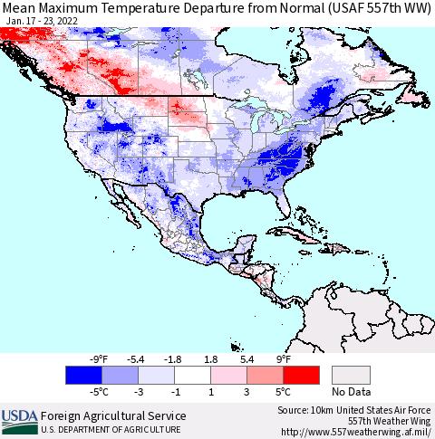 North America Mean Maximum Temperature Departure from Normal (USAF 557th WW) Thematic Map For 1/17/2022 - 1/23/2022