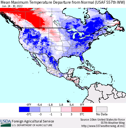 North America Mean Maximum Temperature Departure from Normal (USAF 557th WW) Thematic Map For 1/24/2022 - 1/30/2022