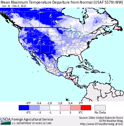 North America Mean Maximum Temperature Departure from Normal (USAF 557th WW) Thematic Map For 1/31/2022 - 2/6/2022