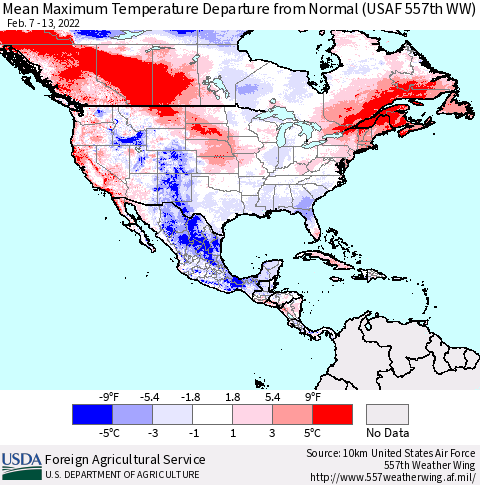 North America Mean Maximum Temperature Departure from Normal (USAF 557th WW) Thematic Map For 2/7/2022 - 2/13/2022