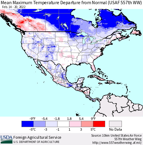 North America Mean Maximum Temperature Departure from Normal (USAF 557th WW) Thematic Map For 2/14/2022 - 2/20/2022